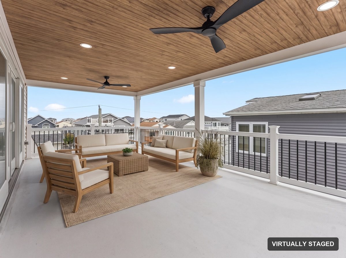 Third-floor deck virtually staged with furniture