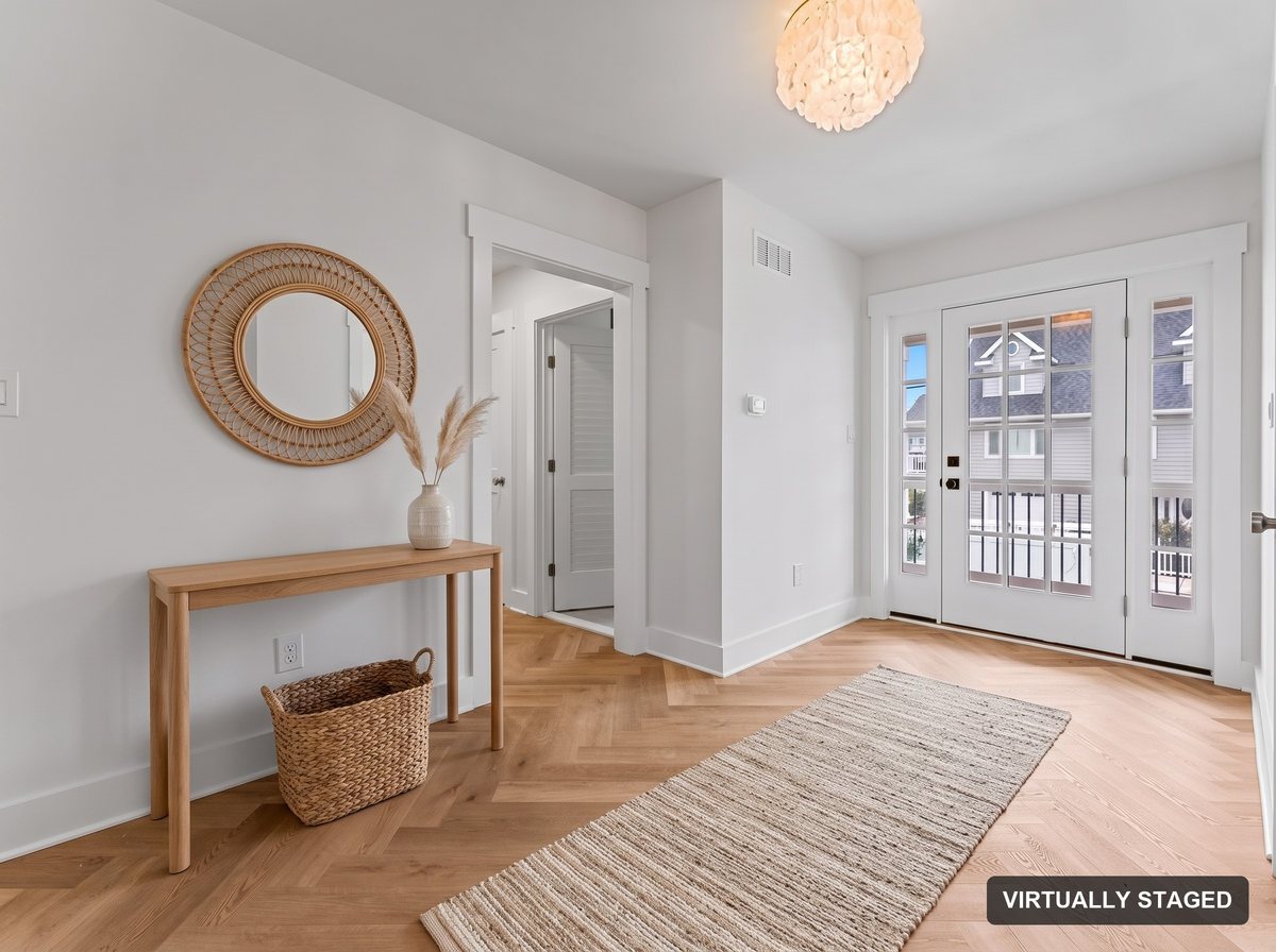 Front entry virtually staged with furniture